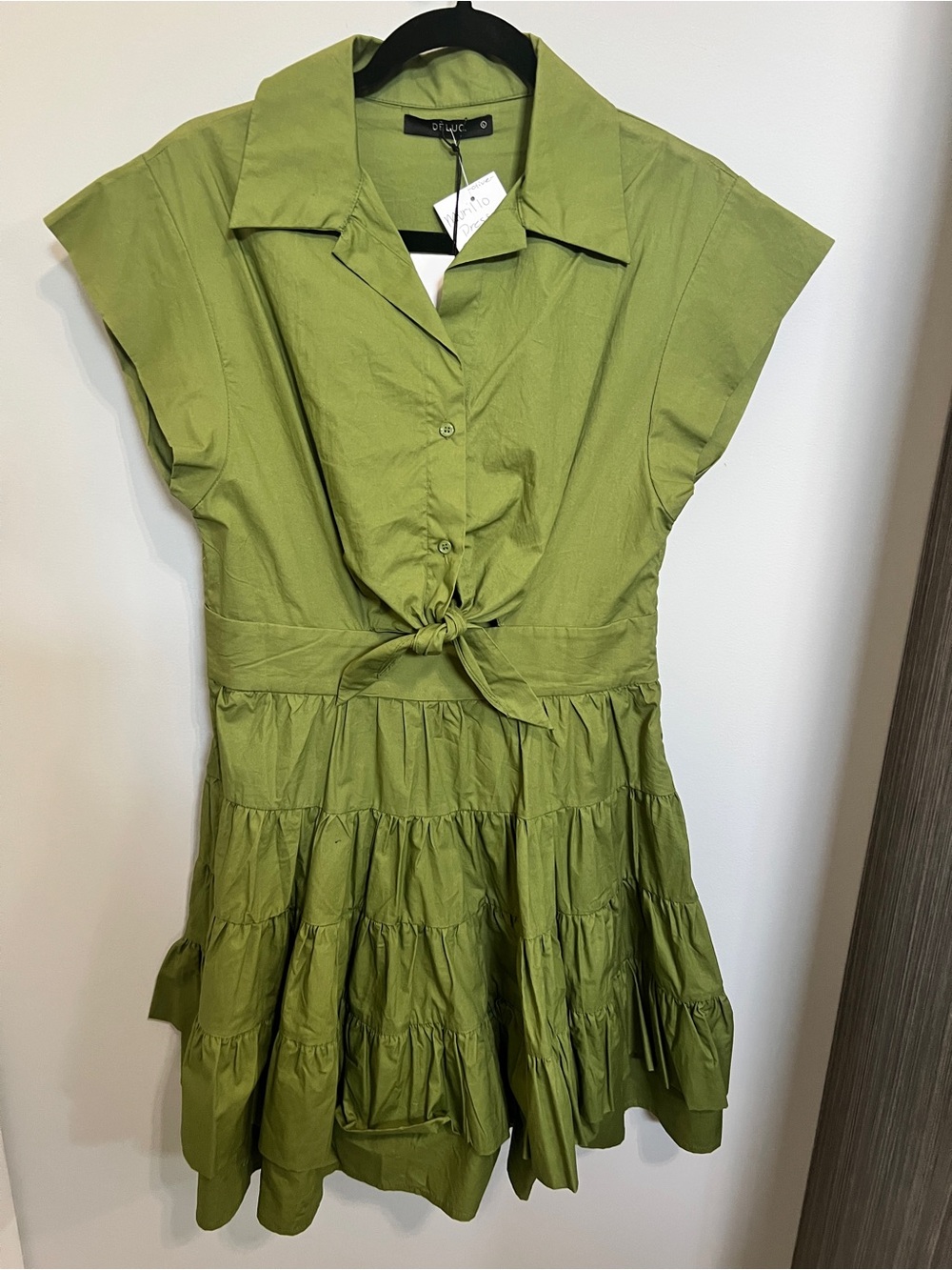 Deluc Olive Green Tiered Tie-Front Dress Size L NWT